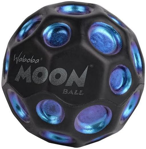 Black cratered ball with iridescent blue and purple indentations and silver Waboba Moon Ball logo.