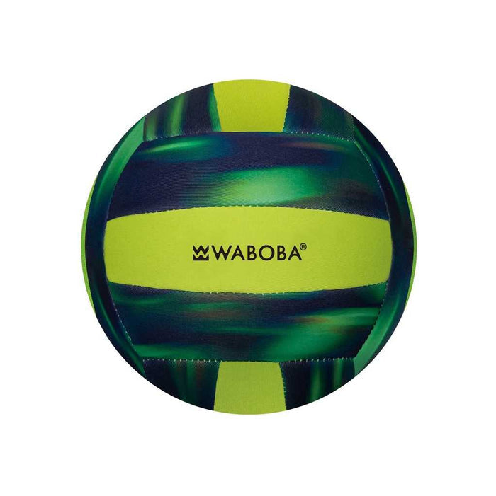 Lime green and dark green iridescent patterned water volleyball with a black Waboba logo.