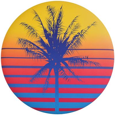 Round flying disc with a yellow sunset gradient, blue horizontal stripes, and a dark palm tree silhouette.