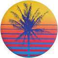 Round flying disc with a yellow sunset gradient, blue horizontal stripes, and a dark palm tree silhouette.