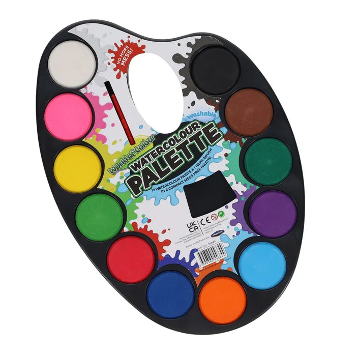 Black oval paint palette with 12 vibrant color wells and a small red brush on splash-patterned packaging.