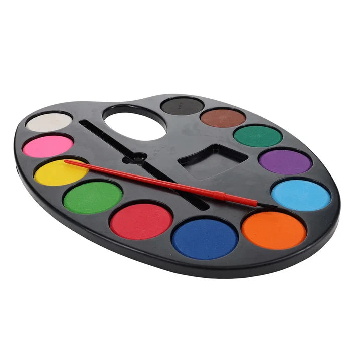 Kidney-shaped black watercolor palette with 12 vibrant round paint pans and a small red paintbrush.