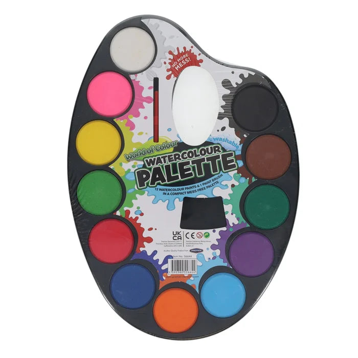 Oval watercolor palette with 12 round colors, a small brush, and a white central mixing area in clear packaging.