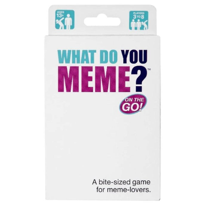 Small white box for What Do You Meme? On The Go with teal and pink lettering, player icons, and a retail hang tab.