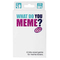 Small white box for What Do You Meme? On The Go with teal and pink lettering, player icons, and a retail hang tab.