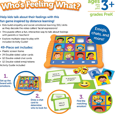 Orange game board shaped like a tablet with diverse cartoon faces, emoji tokens, and green chat bubble prompt cards.