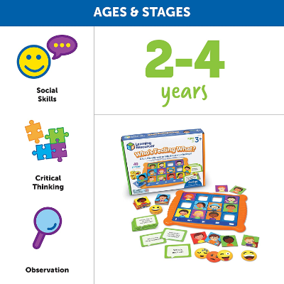 Ages 2-4 social skills game featuring an orange board, colorful character cards, emoji tokens, and prompt cards.