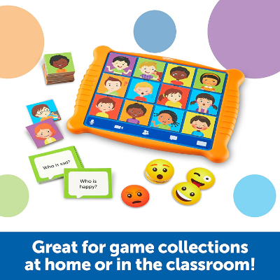 Educational game featuring a toy tablet, character cards, emoji tokens, and question cards on a colorful background.