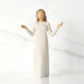 Hand-painted Willow Tree Everyday Blessings figurine featuring a woman with open arms and a cream dress decorated with flowers, leaves, birds, and butterflies, on a white background.