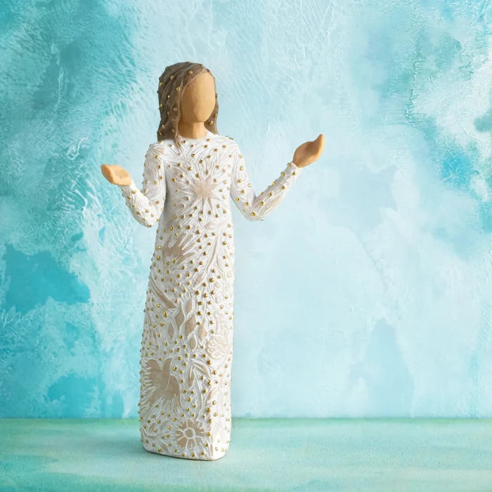 Hand-painted Willow Tree Everyday Blessings figurine featuring a woman with open arms and a cream dress decorated with flowers, leaves, birds, and butterflies on a blue water color background.
