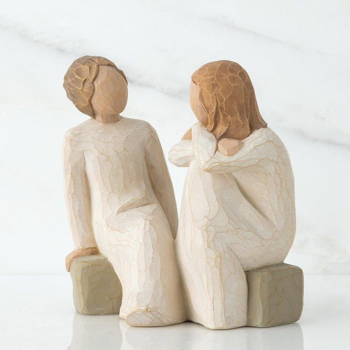 "Willow Tree Heart and Soul figurine featuring two seated girls symbolizing friendship and sisterhood, hand-carved resin sculpture by Susan Lordi"