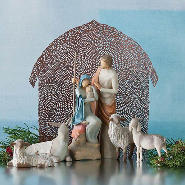 "Willow Tree Shelter for The Holy Family – arched pierced-metal nativity backdrop with tree design, decorative accessory for Holy Family figurine by Susan Lordi"