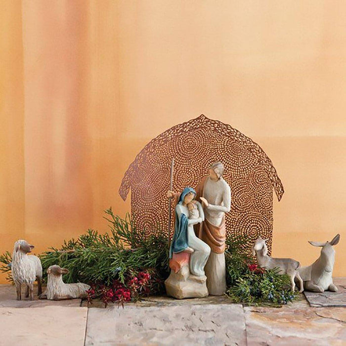 "Willow Tree Shelter for The Holy Family – arched pierced-metal nativity backdrop with tree design, decorative accessory for Holy Family figurine by Susan Lordi"