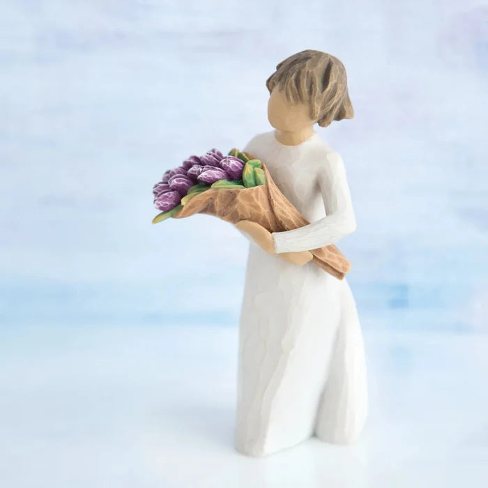 Hand-painted Willow Tree Surprise sculpture with purple bouquet watercolor background