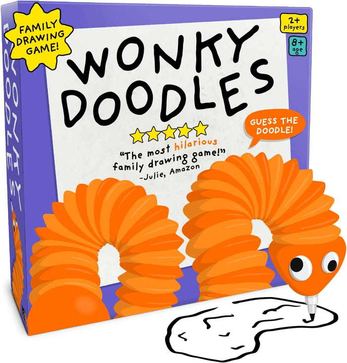 Purple Wonky Doodles game box featuring an orange accordion-style worm character drawing a squiggle with a pen.