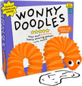 Purple Wonky Doodles game box featuring an orange accordion-style worm character drawing a squiggle with a pen.