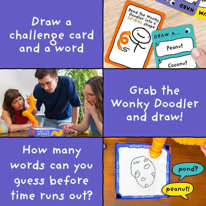 Four panels show players using a long orange flexible tool to draw on a whiteboard from challenge and word cards.