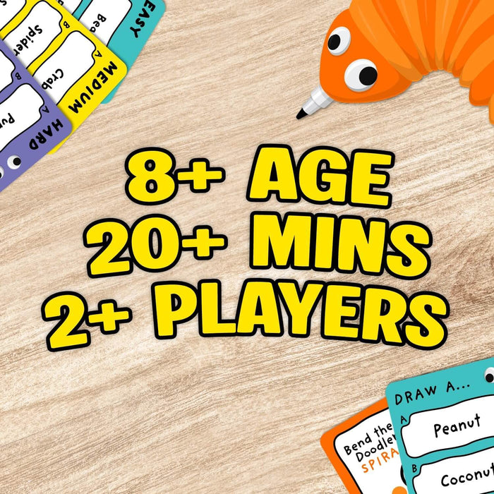 Large yellow text shows 8+ AGE, 20+ MINS, 2+ PLAYERS with game cards and an orange worm-shaped pen on wood.