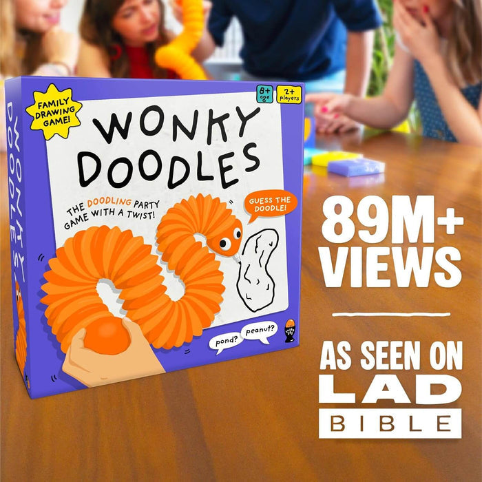 Purple Wonky Doodles box showing an orange slinky worm drawing. Overlay text: 89M+ views and As Seen On LADbible.
