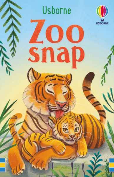 Illustrated card of an orange tiger licking its cub, framed by green jungle foliage against a blue sky.